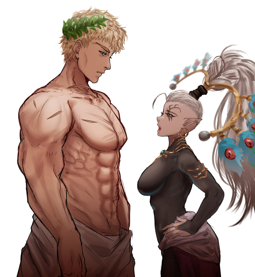 1boy absurdres blonde_hair breasts earrings eldar elf facial_mark female hh_(hehexd06161704) highres jewelry large_breasts laurel_crown long_hair muscular muscular_male naked_towel oversized_earring pointy_ears primarch roboute_guilliman short_hair towel very_long_hair warhammer_40k white_hair yvraine