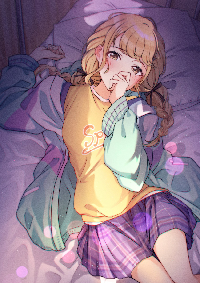 bed blush braid covering_own_mouth female fujita_kotone gakuen_idolmaster highres idolmaster jacket kusaka_io long_hair looking_at_viewer low_twin_braids lying on_back on_bed open_clothes open_jacket pillow shirt skirt solo twin_braids yellow_eyes yellow_shirt