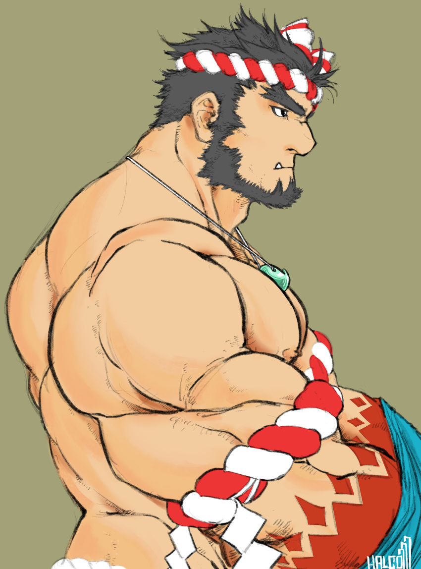 1boy absurdres back bara beard black_eyes black_hair expressionless facial_hair forked_eyebrows from_side hachimaki halco_(halco777) headband highres jewelry large_pectorals long_sideburns magatama magatama_necklace male_focus mature_male muscular muscular_male nape necklace nejiri_hachimaki nipples pectorals short_hair sideburns simple_background solo tajikarao_(housamo) thick_eyebrows tokyo_afterschool_summoners topless_male tusks upper_body