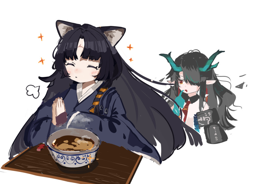 2girls animal_ears arknights black_coat black_hair black_kimono bowl brown_eyes coat dog_ears dog_girl dragon_girl dragon_horns drooling dusk_(arknights) facial_mark food forehead_mark hair_over_one_eye highres horns japanese_clothes kimono long_sleeves multiple_girls necktie own_hands_together pointy_ears red_necktie ryu_(17569823) saga_(arknights) simple_background sparkle white_background wide_sleeves