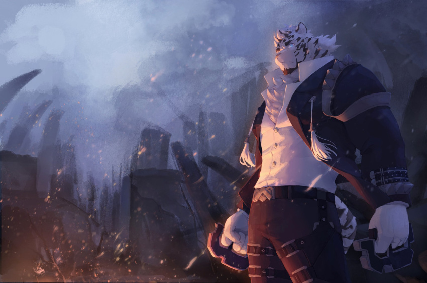 1boy animal_ears arange_(youhei79384157) arknights black_pants collared_shirt dark embers feet_out_of_frame fire furry furry_male glowing glowing_eyes highres jacket looking_at_viewer male_focus mountain_(arknights) mountain_(dark_cloud)_(arknights) muscular muscular_male night official_alternate_costume open_clothes open_jacket pants partially_unbuttoned scar scar_across_eye scar_on_face shirt solo tiger_boy tiger_ears white_fur white_hair