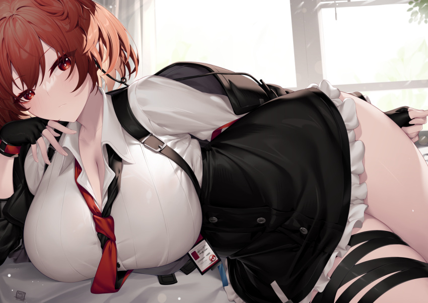 arknights black_gloves black_skirt breasts commentary female fiammetta_(arknights) fingerless_gloves gloves izulizuru large_breasts looking_at_viewer lying miniskirt necktie petticoat red_eyes red_hair red_necktie short_hair skirt solo thigh_strap thighs