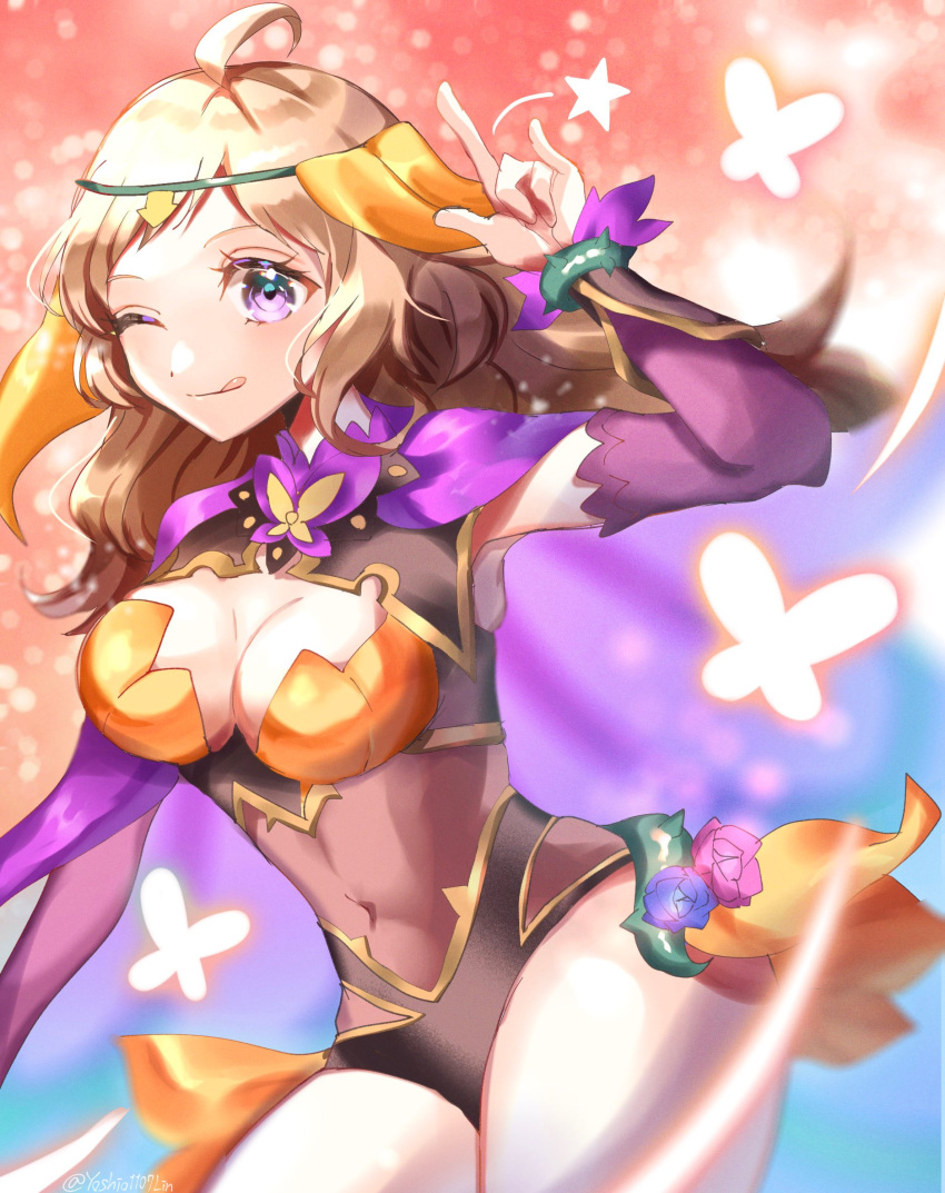 ahoge alternate_costume asymmetrical_bangs bad_id bad_twitter_id blonde_hair blush boots breasts cape closed_mouth commentary_request covered_navel detached_sleeves female fire_emblem fire_emblem_fates fire_emblem_heroes full_body gradient_clothes grey_eyes hair_ornament hand_up highres leotard lips long_hair looking_at_viewer medium_breasts official_alternate_costume one_eye_closed ophelia_(fire_emblem) ophelia_(resplendent)_(fire_emblem) shiny_skin simple_background smile solo tongue tongue_out wing_cape youhei_choregi