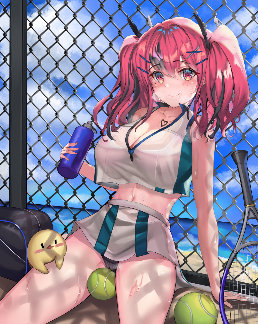 absurdres azur_lane bare_shoulders bottle bow breasts bremerton_(azur_lane) bremerton_(scorching-hot_training)_(azur_lane) chain-link_fence cleavage commentary_request crop_top crop_top_overhang female fence grey_hair hair_between_eyes hair_ornament hairbow hairclip heart heart_necklace highres holding holding_racket jewelry large_breasts long_hair looking_at_viewer manjuu_(azur_lane) multicolored_hair navel necklace official_alternate_costume outdoors photoshop_(medium) pink_hair racket smile solaris_(sinhyg) sportswear streaked_hair tennis_racket tennis_uniform twintails two-tone_hair two-tone_shirt two-tone_skirt water_bottle x_hair_ornament