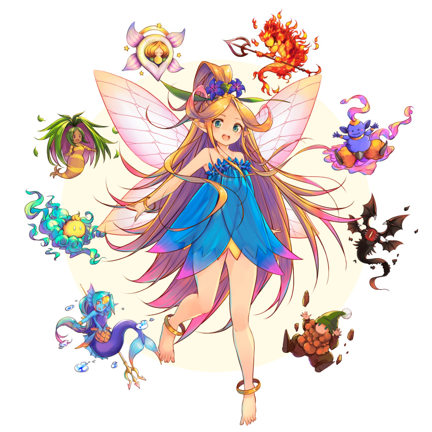 .sin anklet bangle bare_shoulders barefoot blonde_hair blue_dress blue_flower bracelet dress dryad_(seiken_densetsu) faerie_(seiken_densetsu_3) fairy_wings female flower full_body gnome_(seiken_densetsu) green_eyes hair_flower hair_ornament high_ponytail highres jewelry jinn_(seiken_densetsu) long_hair looking_at_viewer luna_(seiken_densetsu) open_mouth pointy_ears salamander_(seiken_densetsu) seiken_densetsu seiken_densetsu_3 shade_(seiken_densetsu) simple_background smile strapless strapless_dress undine_(seiken_densetsu) very_long_hair white_background will-o'-wisp_(seiken_densetsu) wings