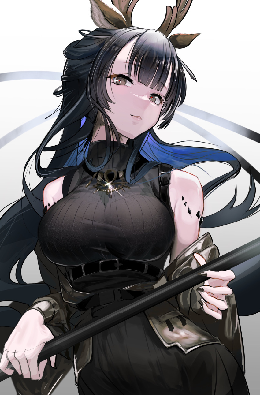 absurdres animal_ears antlers arknights bare_shoulders black_dress black_hair black_nails blue_hair blunt_bangs breasts brown_eyes cowboy_shot deer_antlers deer_ears deer_girl dress female glint highres hiyaori_(hiyahiyaval) horns jewelry large_breasts long_hair long_sleeves looking_at_viewer material_growth multicolored_hair nail_polish necklace off_shoulder open_clothes oripathy_lesion_(arknights) parted_lips sleeveless sleeveless_dress smile solo tsukinogi_(arknights) two-tone_hair underbust