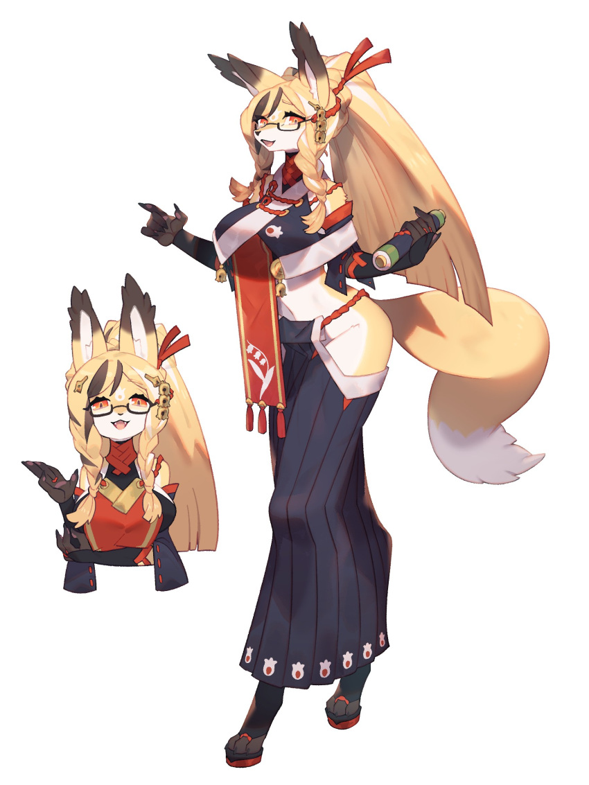 absurdres animal_ear_fluff animal_ears animal_feet black-framed_eyewear black_skirt body_fur braid braided_sidelock breasts brown_hair claws detached_sleeves digitigrade fangs female fox_ears fox_girl fox_tail full_body furry furry_female glasses hair_ornament hakama hakama_skirt hands_up highres hip_vent inu_fuji japanese_clothes large_breasts long_hair long_skirt looking_at_viewer multicolored_hair multiple_views open_mouth orange_eyes orange_fur orange_hair original pawpads pleated_skirt ponytail sidelocks simple_background skirt stomach streaked_hair tail walking white_background white_fur white_hair