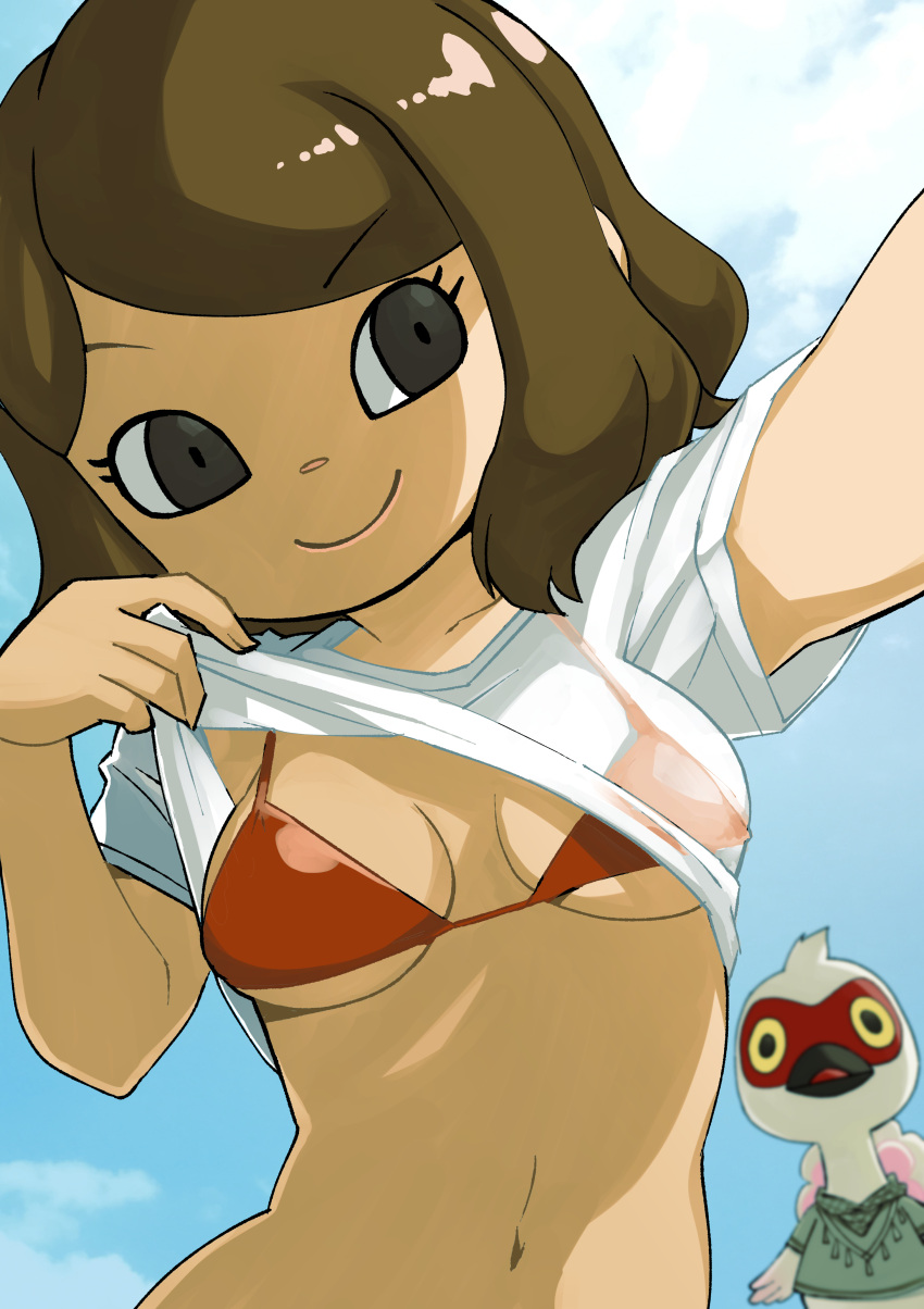 1boy absurdres animal_crossing bikini black_eyes blue_sky breasts brown_hair cleavage closed_mouth clothes_lift cloud cranston_(animal_crossing) day eyelashes female furry furry_male highres lifting_own_clothes looking_to_the_side medium_breasts muramasa_mikado murana_(muramasa_mikado) navel outdoors red_bikini see-through see-through_shirt shirt shirt_lift short_hair short_sleeves sky smile swimsuit t-shirt underboob villager_(animal_crossing) white_shirt