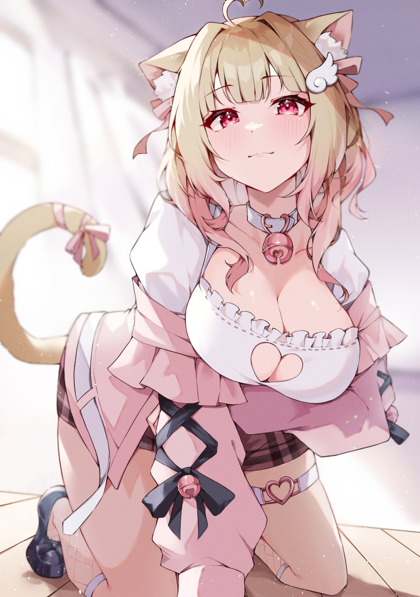 absurdres ahoge all_fours animal_collar animal_ear_fluff animal_ears arm_support arm_under_breasts blonde_hair blunt_bangs blush breast_hold breasts brown_skirt cat_ears cat_girl cat_tail center-flap_bangs cleavage cleavage_cutout closed_mouth clothing_cutout collar commission cross-laced_clothes cross-laced_sleeves double-parted_bangs female fishnet_socks fishnets frilled_shirt frills gradient_hair hair_ornament_request hanging_breasts heart heart_ahoge heart_cutout highres indoors jacket kemomimi_refle! kneehighs kneeling large_breasts light_brown_hair long_hair looking_at_viewer misoni_(mi_so_ni_t) multicolored_hair nekoma_karin o-ring o-ring_thigh_strap pink_hair pink_jacket pleated_skirt red_eyes ribbon sagging_breasts shirt skeb_commission skirt smile socks solo sweater tail tail_ornament tail_ribbon thigh_strap virtual_youtuber white_socks white_sweater wing_collar wing_hair_ornament