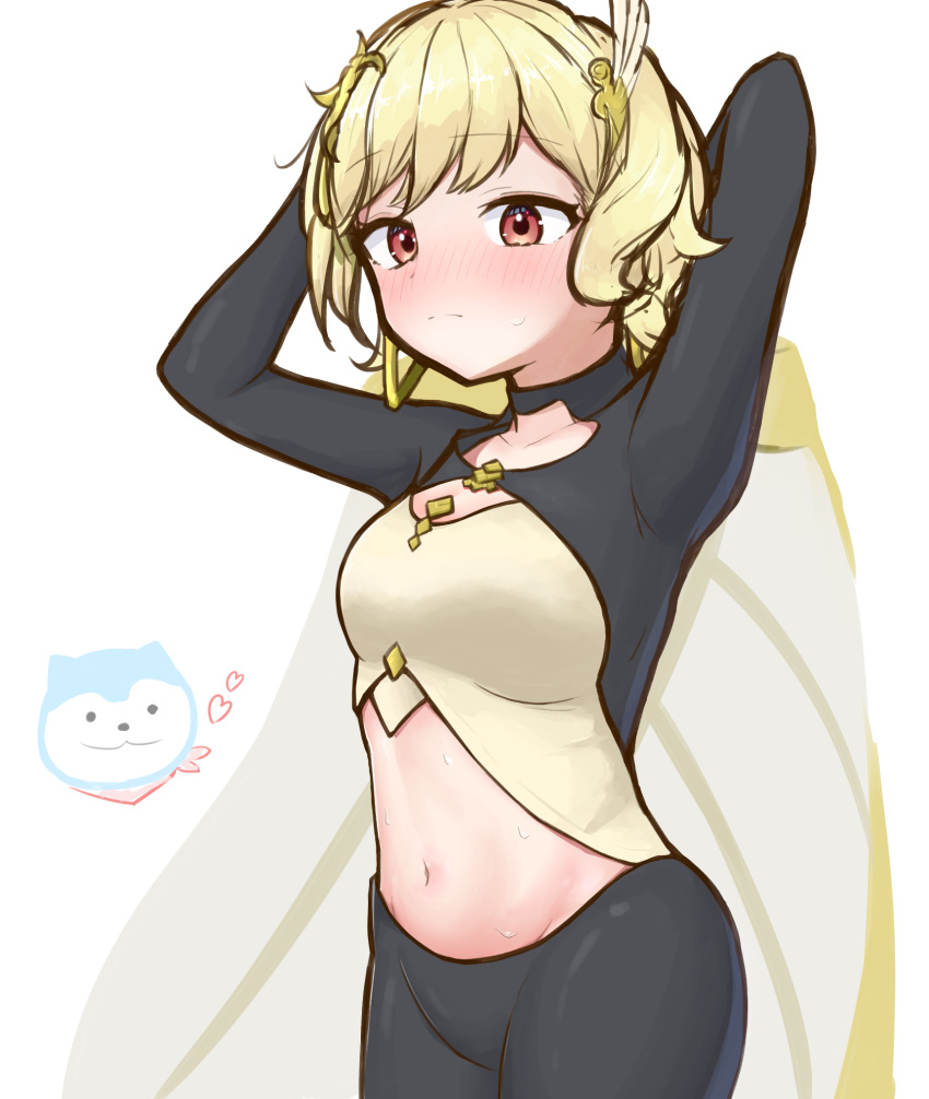 arms_behind_head arms_up black_pants blonde_hair breasts brown_eyes cape citrinne_(fire_emblem) clothing_cutout commentary_request cowboy_shot female fire_emblem fire_emblem_engage fugakutkt hair_ornament highres leggings long_sleeves medium_breasts midriff navel pants sage_outfit_(fire_emblem_engage) short_hair simple_background sommie_(fire_emblem) standing stomach stomach_cutout white_background yellow_cape