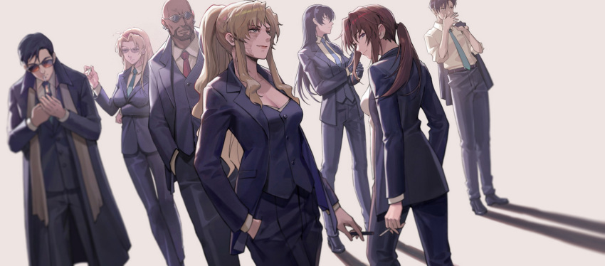 3boys 4girls arm_under_breasts arms_at_sides balalaika_(black_lagoon) beard black_coat black_lagoon black_pants blonde_hair blue_necktie breasts brown_hair burn_scar chinese_commentary cigarette cleavage coat commentary dark-skinned_male dark_skin dutch_(black_lagoon) eda_(black_lagoon) facial_hair formal gloves green_necktie hand_in_pocket highres large_breasts lightofheaven long_hair mr._chang multiple_boys multiple_girls necktie okajima_rokuro pants ponytail red_necktie revy_(black_lagoon) roberta_(black_lagoon) scar scar_on_face shadow short_hair smile standing sunglasses white_background