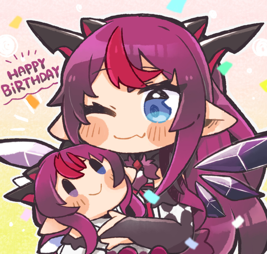 blue_eyes blush_stickers bridal_gauntlets character_doll chibi commentary_request confetti crystal_wings elbow_gloves english_text fang_out female gloves happy_birthday highres hololive hololive_english horns irys_(hololive) irys_(irys_2.0)_(hololive) long_hair multicolored_hair multiple_horns oerba_yun_fang one_eye_closed pointy_ears purple_hair red_hair same_anko skin_fang smile solo two-tone_hair virtual_youtuber