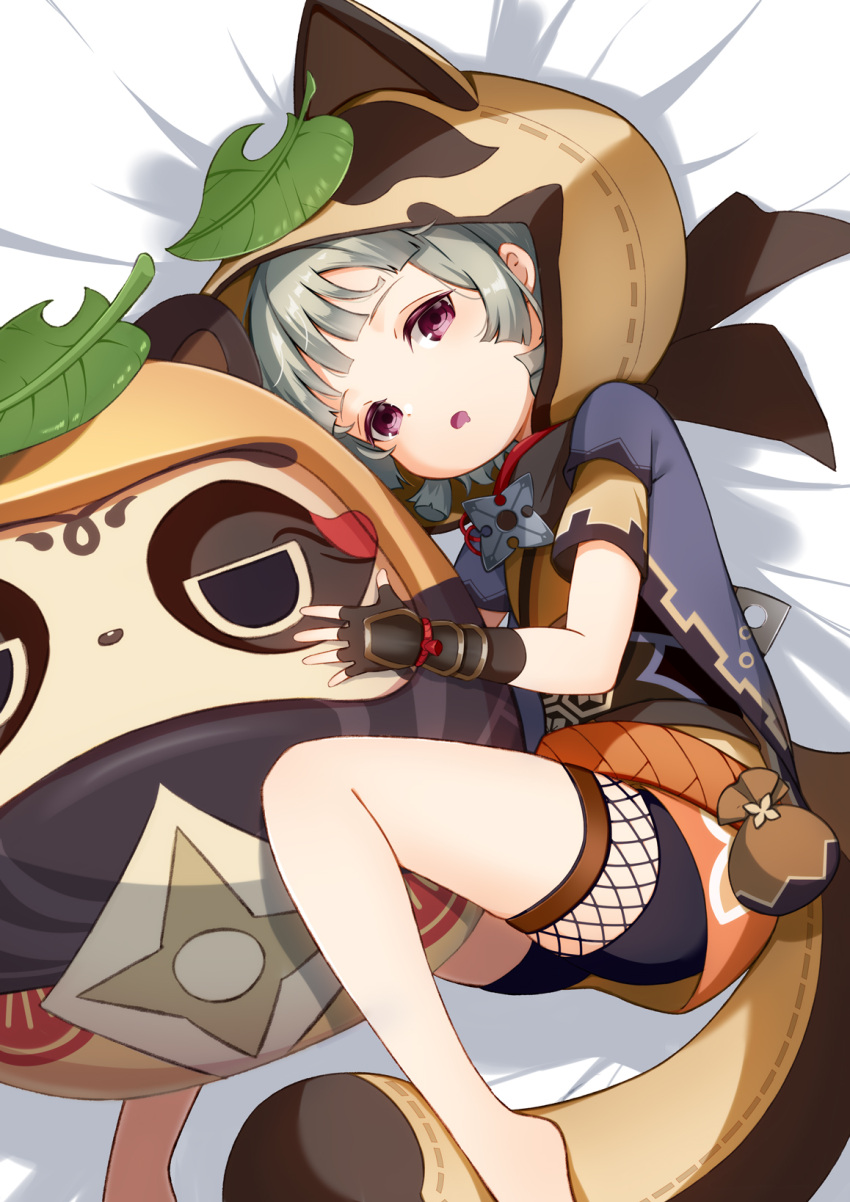 animal_ears animal_hood bed_sheet black_scarf blunt_bangs commentary_request daruma_doll drooling fake_animal_ears fake_tail female fishnet_fabric genshin_impact grey_hair highres hood japanese_clothes leaf leaf_on_head looking_at_viewer lying muji-muji_daruma_(genshin_impact) ninja on_side parted_lips purple_eyes raccoon_ears raccoon_tail sayu_(genshin_impact) scarf short_hair short_sleeves sidelocks solo tail tyenka7728