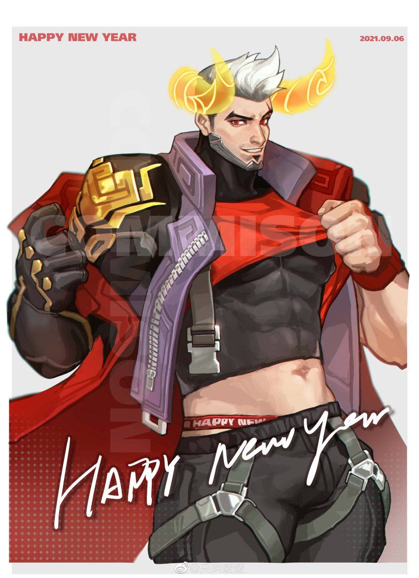 1boy absurdres bara clothes_lift covered_abs cow_horns cowboy_shot crop_top darius_(league_of_legends) fiery_horns gloves highres horns jacket jockstrap league_of_legends looking_at_viewer lunar_beast_darius male_focus male_underwear male_underwear_peek mature_male midriff_peek muscular muscular_male open_clothes open_jacket red_eyes shirt shirt_lift smile solo suspenders taut_clothes taut_shirt thick_eyebrows underwear white_hair white_male_underwear yamariceball