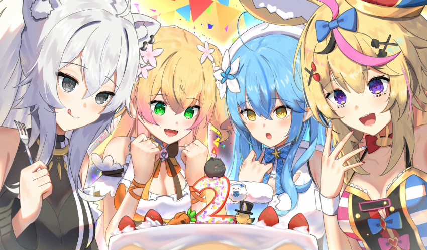 4girls :d :q ahoge animal_ears anniversary ao_ne arm_garter bad_id bad_pixiv_id beret birthday_cake black_hair black_jacket black_shirt blonde_hair blue_bow blue_hair blue_nails bow bowtie breasts brown_bow cake cleavage cleavage_cutout closed_mouth clothing_cutout collarbone confetti double_bun earrings facial_mark flower food fork fox_ears frilled_shirt frills fruit fur-trimmed_jacket fur-trimmed_sleeves fur_trim green_eyes grey_eyes grey_hair hair_between_eyes hair_bun hair_flower hair_ornament hairbow halterneck hand_up hands_up hat heart heart-shaped_pupils heart_ahoge highres holding holding_fork hololive jacket jester_cap jewelry large_breasts lion_ears lion_girl long_hair momosuzu_nene momosuzu_nene_(1st_costume) multicolored_hair multiple_girls necklace nekko_(momosuzu_nene) nepolabo oerba_yun_fang off_shoulder omaru_polka omaru_polka_(1st_costume) open_mouth orange_shirt pink_flower pink_hair pointy_ears purple_eyes red_bow red_nails shirt shishiro_botan shishiro_botan_(1st_costume) sleeveless sleeveless_shirt smile ssrb_(shishiro_botan) strawberry strawberry_shortcake streaked_hair symbol-shaped_pupils tilted_headwear tongue tongue_out upper_body virtual_youtuber white_flower white_headwear white_shirt wrist_cuffs x_hair_ornament yellow_eyes yukihana_lamy yukihana_lamy_(1st_costume) yukimin_(yukihana_lamy) zain_(omaru_polka)