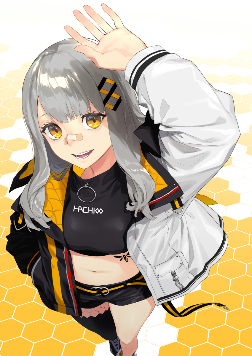 :d absurdres arm_above_head bandaid bandaid_on_face bandaid_on_nose belt black_shorts black_thighhighs commentary_request crop_top female grey_hair grey_jacket hachi_(live_union) hand_up highres jacket live_union long_hair long_sleeves looking_at_viewer midriff navel open_clothes open_jacket open_mouth reiga_(act000) shorts single_thighhigh smile solo thighhighs virtual_youtuber yellow_eyes