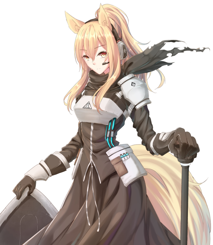 animal_ears arknights armor black_gloves black_scarf black_shirt black_skirt blonde_hair bracer breastplate chinese_commentary commentary_request cowboy_shot female gloves hair_between_eyes headphones headset highres horse_ears horse_girl horse_tail long_hair long_sleeves looking_at_viewer minuo nearl_(arknights) pauldrons ponytail scarf shirt shoulder_armor skirt skirt_set solo standing tail transparent_background yellow_eyes