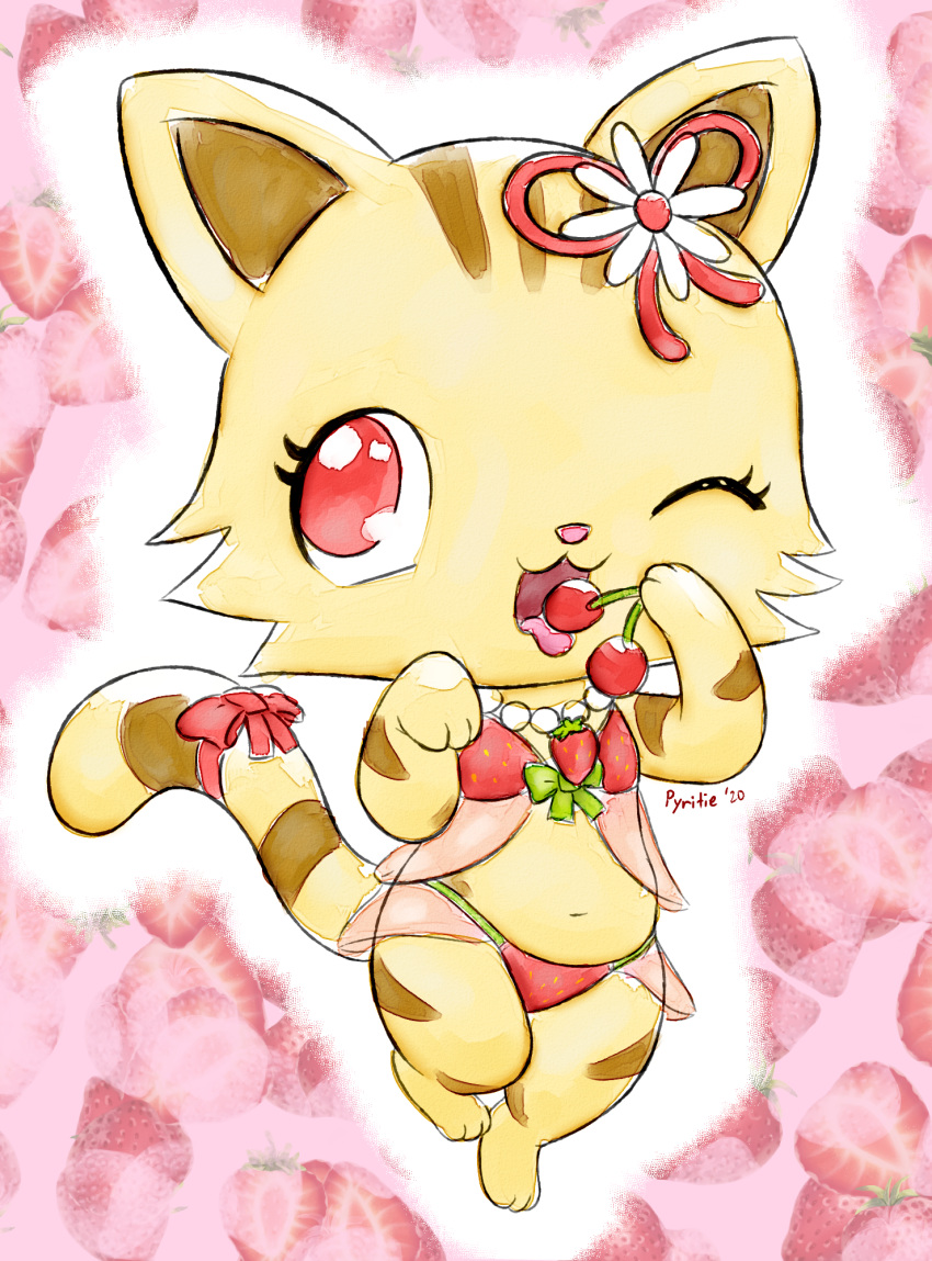 2020 accessory bow_(feature) bow_accessory bow_ribbon brown_stripes cherry chibi clothing digital_media_(artwork) domestic_cat felid feline felis female flower food fruit fur furgonomics hi_res jewelpet jewelry kemono licking lingerie mammal necklace one_eye_closed plant pyritie red_eyes ribbons sango_(jewelpet) sanrio sega sega_fave semi-anthro simple_background solo strawberry stripes tabby_cat tail tail_accessory tail_bow tail_ribbon tan_body tan_fur tongue tongue_out wink