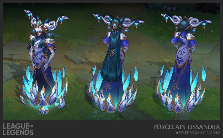 alternate_hairstyle artist_name black_hair border character_name closed_mouth copyright_name elbow_gloves english_commentary eye_mask female full_body gem gloves glowing grey_border hair_ornament highres league_of_legends lissandra_(league_of_legends) long_hair official_alternate_costume outdoors porcelain_lissandra short_sleeves snake_hair_ornament vegacolors white_gloves