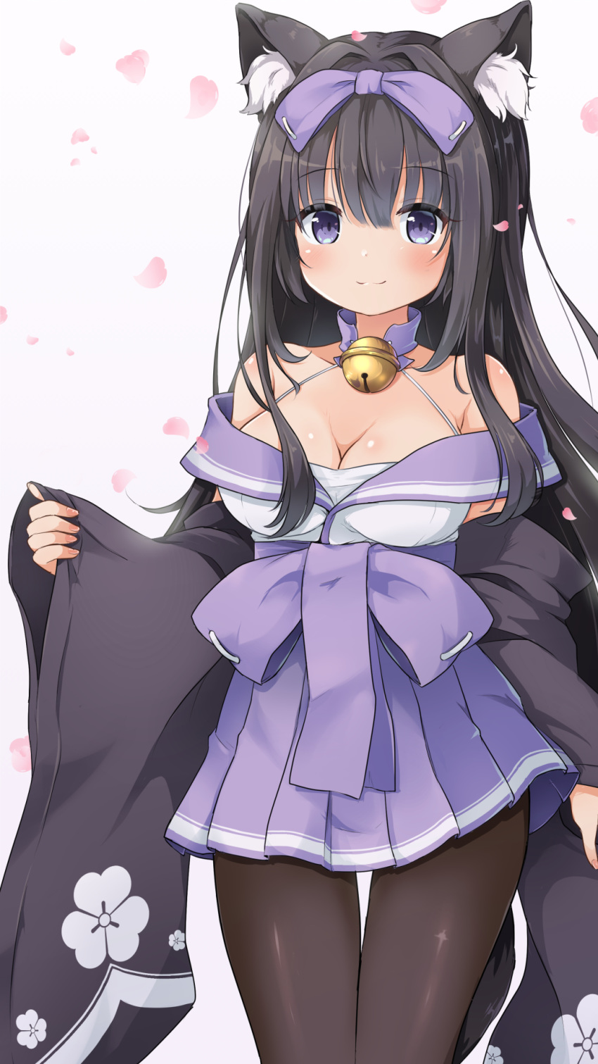 animal_ear_fluff animal_ears arashio_(azur_lane) azur_lane bell black_hair blush bow breasts cat_ears cat_girl cat_tail choker cleavage commentary_request female floral_print hair_intakes hairbow highres japanese_clothes kimono large_breasts long_hair looking_at_viewer neck_bell nekono_rin off_shoulder pantyhose petals pleated_skirt purple_bow purple_eyes skirt solo tail wide_sleeves