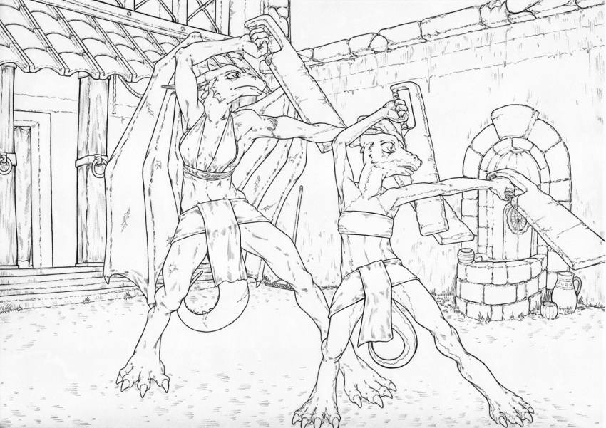 2020 2_horns adolescent aged_down anthro arm_tattoo bandeau biped black_and_white bottomwear breasts claws clothed clothing coyotek detailed_background digitigrade dragon duo ear_frill female frill_(anatomy) head_spikes holding_melee_weapon holding_object holding_sword holding_weapon horn jurna line_art loincloth melee_weapon membrane_(anatomy) membranous_frill membranous_wings midriff monochrome mythological_creature mythological_scalie mythology non-mammal_breasts outside pose scalie scar shirt spiked_tail spikes spikes_(anatomy) standing sword tail tattoo teeth toe_claws topwear training weapon well wings young