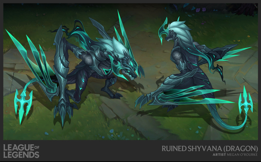 armor artist_name character_name claws copyright_name dragon english_commentary female glowing glowing_eyes green_eyes green_hair grey_hair highres league_of_legends long_hair multiple_views outdoors ruined_shyvana shyvana standing vegacolors