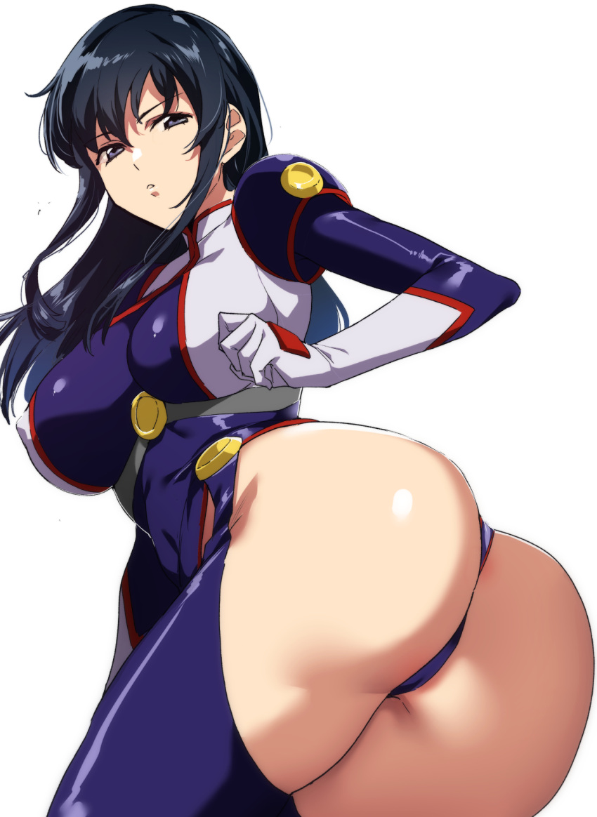 annoyed ass black_eyes black_hair blue_eyes blue_leotard breasts commentary_request covered_nipples female fujimura_shizuru highleg highleg_leotard highres impossible_clothes large_breasts leaning_forward leotard long_hair looking_at_viewer looking_back parted_lips shinkon_gattai_godannar!! simple_background solo thighhighs tomohiro_kai white_background