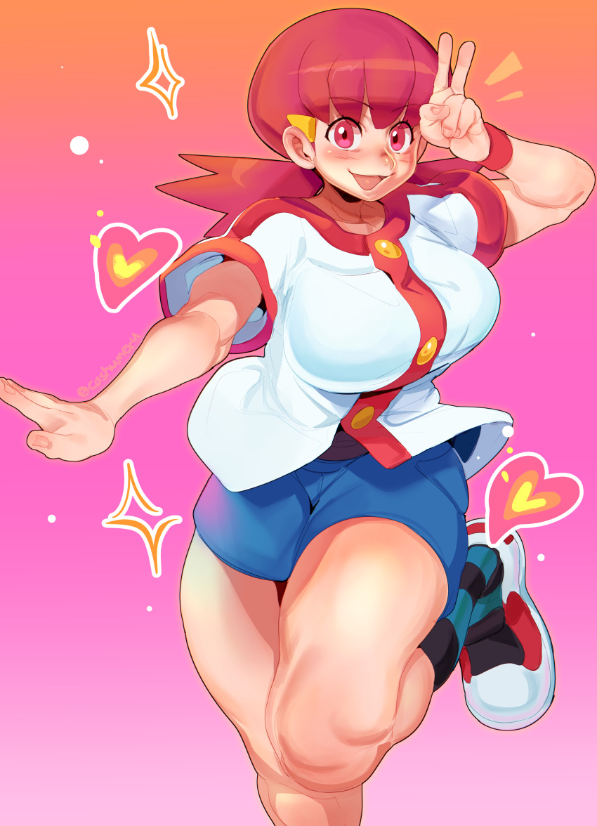 :d absurdres blue_shorts blush breasts buttons cashumeru female heart highres large_breasts looking_at_viewer open_mouth pokemon pokemon_hgss red_eyes red_hair shoes short_shorts shorts smile socks solo standing standing_on_one_leg thick_thighs thighs v whitney_(pokemon) wristband