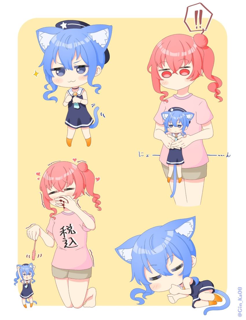 2girls 2zibure :3 adapted_costume anemachi animal_ear_fluff animal_ears blood blue_dress blue_eyes blue_hair carrying cat_ears cat_girl cat_tail chibi commentary_request dress hair_bun heart highres hololive hoshimachi_suisei hoshimachi_suisei_(casual) multiple_girls nosebleed pink_shirt sailor_dress shirt short_shorts shorts side_ponytail single_side_bun sleeping star_(symbol) star_in_eye symbol_in_eye tail translated trembling twitter_username virtual_youtuber