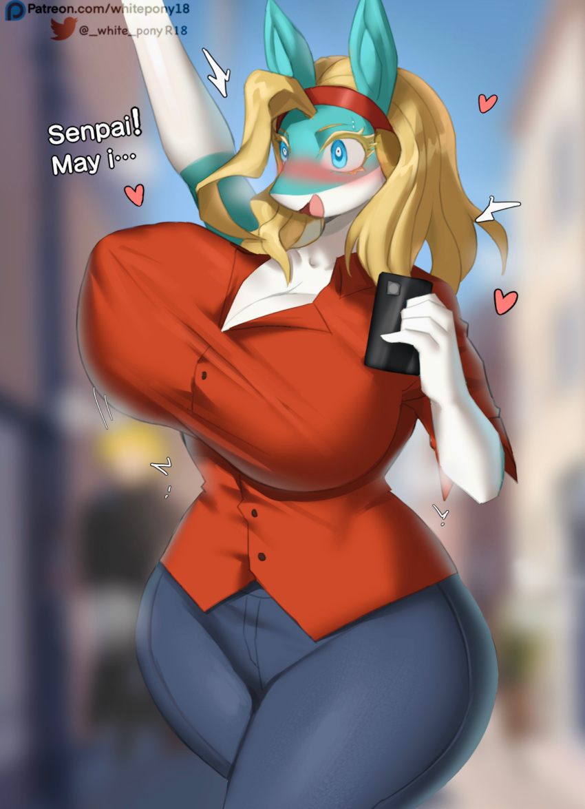 18_(artist) 2023 anthro big_breasts blue_eyes blurred_background blush breasts clothed clothing digital_media_(artwork) eyebrows eyelashes female fingers hair heart_symbol hi_res holding_object huge_breasts ippan_josei mammal my_hero_academia open_mouth quirked_human_(my_hero_academia) raised_arm solo text url