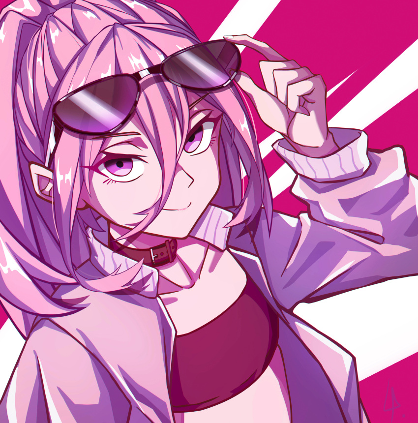 absurdres adjusting_eyewear choker collarbone eyewear_on_head female grand_(pixiv46197759) hair_between_eyes highres jacket kemono_jihen long_hair long_sleeves looking_at_viewer midriff pink_hair purple_eyes red_background signature smile solo strapless sunglasses tademaru_aya tube_top white_background