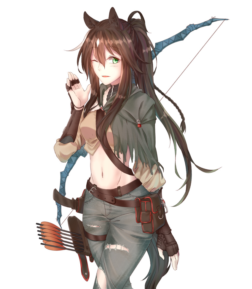 animal_ears arknights arrow_(projectile) belt bow_(weapon) braid breasts brown_belt brown_hair brown_shirt capelet chinese_commentary commentary_request cowboy_shot crop_top female green_eyes grey_capelet grey_pants groin hair_between_eyes hand_up highres horse_ears long_hair long_sleeves looking_at_viewer medium_breasts meteor_(arknights) midriff minuo navel pants parted_lips pouch quiver shirt smile solo standing stomach tail transparent_background vambraces weapon