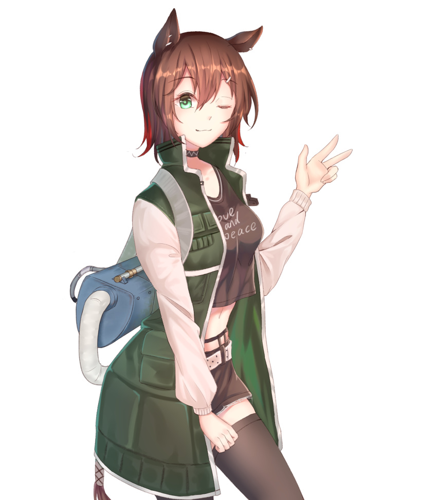 ;) animal_ears arknights belt black_choker black_shirt black_shorts black_thighhighs brown_hair catapult_(arknights) chinese_commentary choker clothes_writing commentary_request cowboy_shot crop_top female green_eyes green_jacket hair_between_eyes hand_up high_collar highres horse_ears jacket long_sleeves looking_at_viewer midriff minuo one_eye_closed shirt short_hair short_shorts shorts skirt smile solo standing t-shirt thighhighs transparent_background w zettai_ryouiki