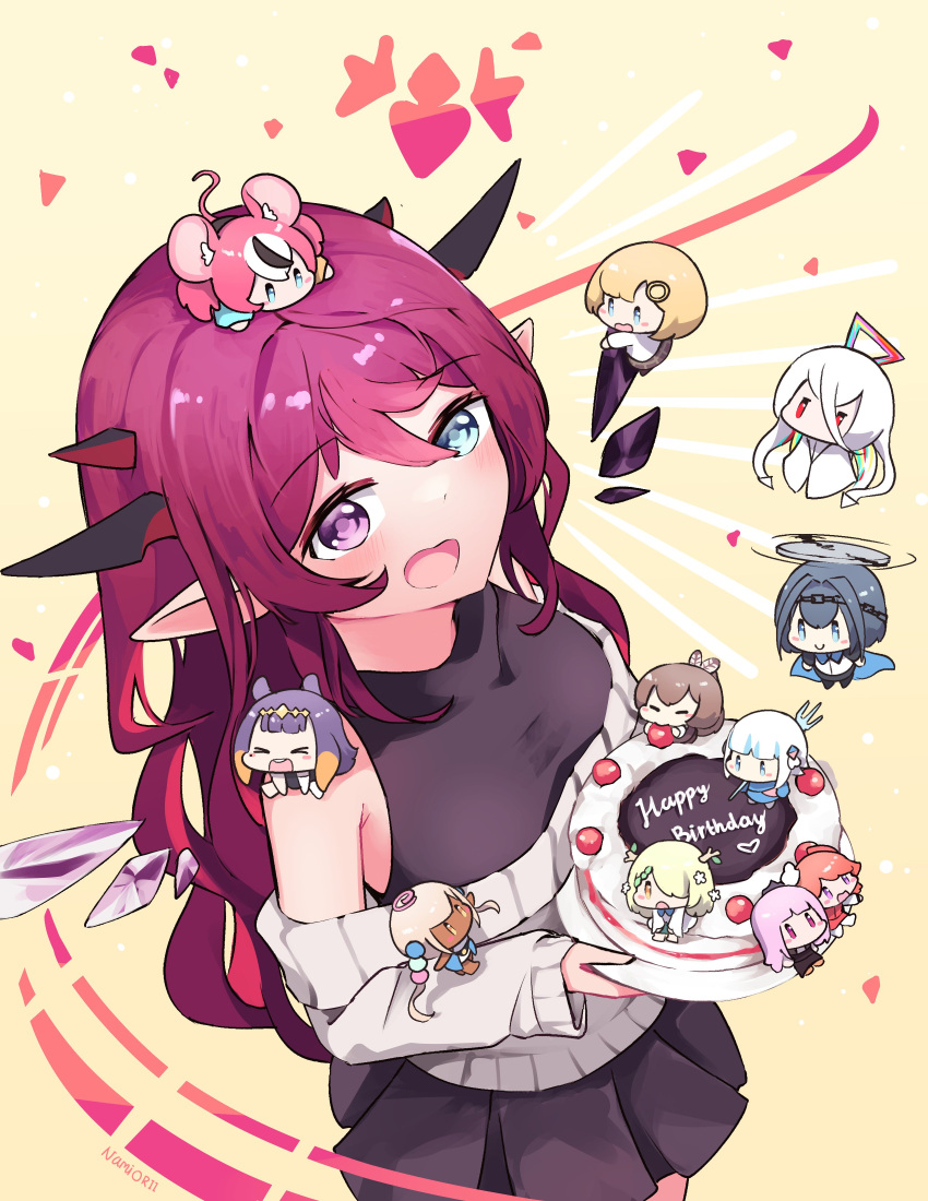 >_< absurdres alternate_costume artist_name bare_shoulders black_skirt blue_eyes cake ceres_fauna chibi commentary crystal_wings english_commentary female food gawr_gura hair_between_eyes hakos_baelz happy_birthday heterochromia highres holocouncil hololive hololive_english holomyth horns irys_(hololive) long_hair mini_person minigirl mori_calliope multiple_horns namiorii nanashi_mumei ninomae_ina'nis off-shoulder_sweater off_shoulder omega_alpha open_mouth ouro_kronii pink_hair pleated_skirt pointy_ears ribbed_sweater skirt sweater takanashi_kiara tsukumo_sana virtual_youtuber watson_amelia wavy_hair white_sweater