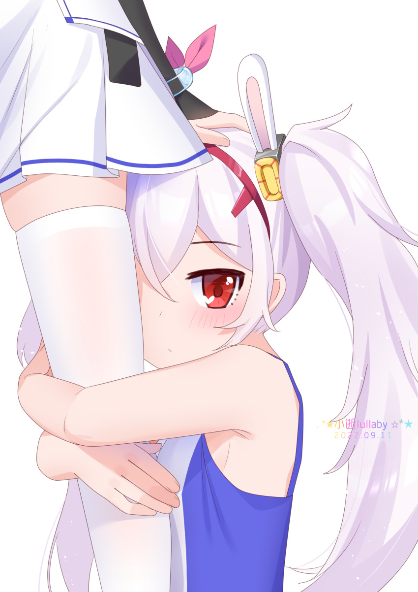 2girls animal_ears armpit_crease artist_name azur_lane bare_shoulders breasts chinese_commentary closed_mouth commentary_request crossed_bangs dated fake_animal_ears hair_between_eyes hairband hand_on_another's_head headpat highres hugging_another's_leg javelin_(azur_lane) laffey_(azur_lane) light_purple_hair long_hair looking_at_viewer multiple_girls pleated_skirt rabbit_ears red_eyes sideboob simple_background skirt small_breasts tank_top thighhighs twintails white_background white_skirt white_thighhighs xiao_shi_lullaby