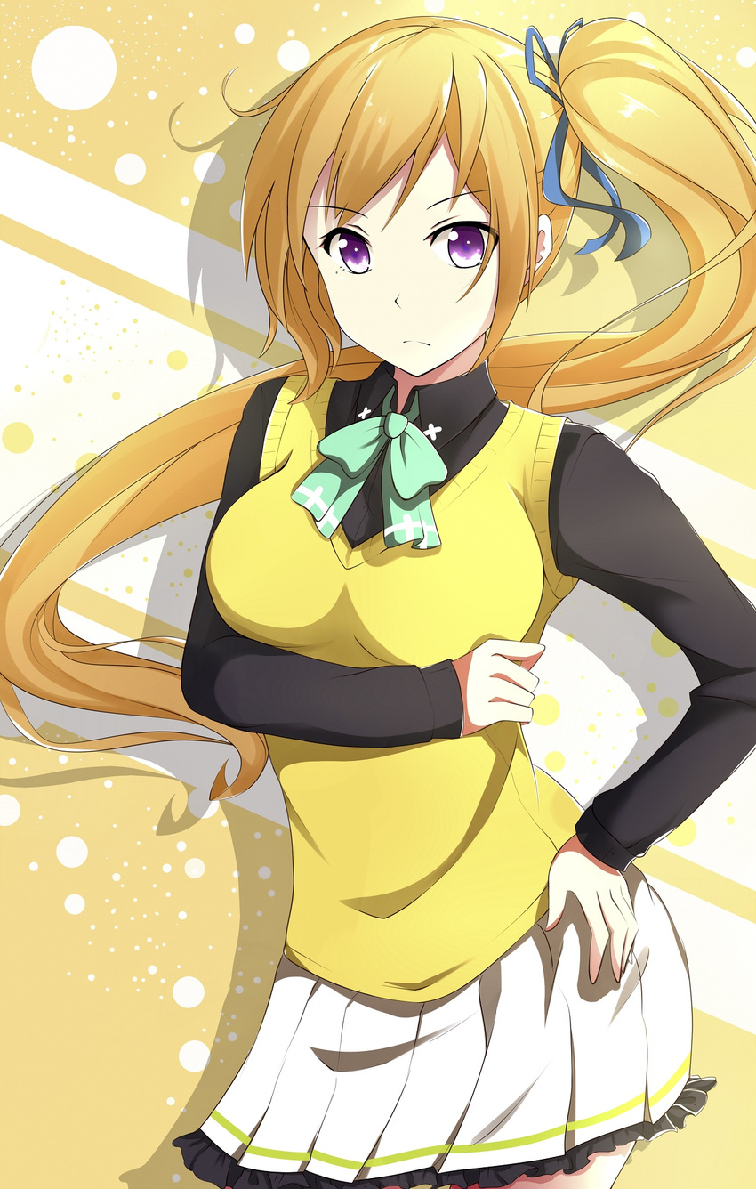 blonde_hair blue_ribbon commentary female guanghe_zuoyong_de_de_yezi hair_ribbon hand_on_own_hip highres kawakami_mai long_hair looking_at_viewer mole mole_under_eye musaigen_no_phantom_world photoshop_(medium) pleated_skirt purple_eyes ribbon side_ponytail skirt solo symbol-only_commentary white_skirt