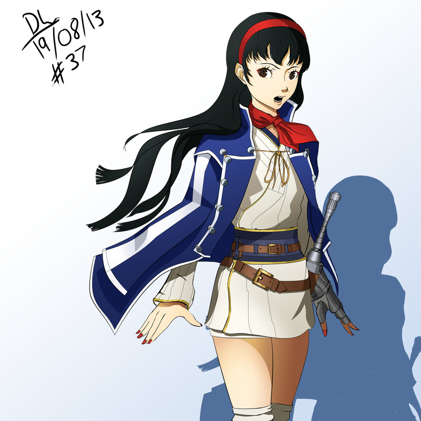 amagi_yukiko black_hair cloak company_connection cosplay dated dh_(brink_of_memories) female gloves highres isabeau_(megami_tensei) isabeau_(megami_tensei)_(cosplay) kneehighs long_hair nail_polish neckerchief persona persona_4 red_eyes shin_megami_tensei shin_megami_tensei_iv single_glove skirt socks solo