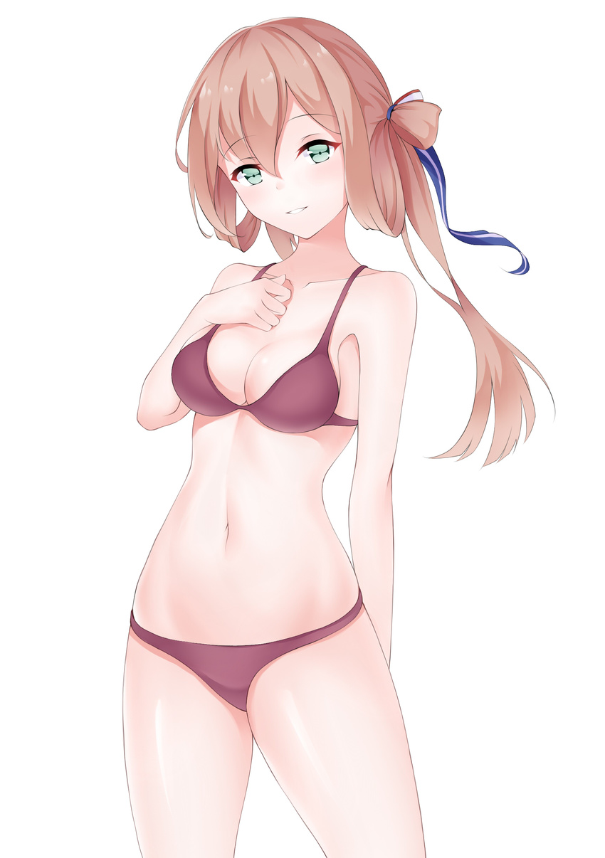 absurdres arm_behind_back bikini blonde_hair blush breasts clark_(159123) cleavage commentary female girls'_frontline green_eyes groin hand_on_own_chest highres long_hair medium_breasts navel simple_background smile solo springfield_(girls'_frontline) swimsuit white_background