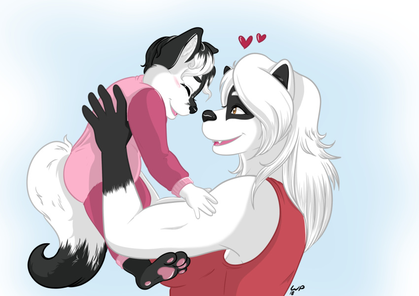 anthro baby badger bailey_rosworth breasts brown_eyes canid canine canis catsmeow clothing duo female fur hair heart_symbol hybrid lolicon long_hair mammal mature_anthro mature_female mother_(lore) muscular muscular_female mustelid musteline onesie parent_(lore) pawpads smile wolf young young_anthro