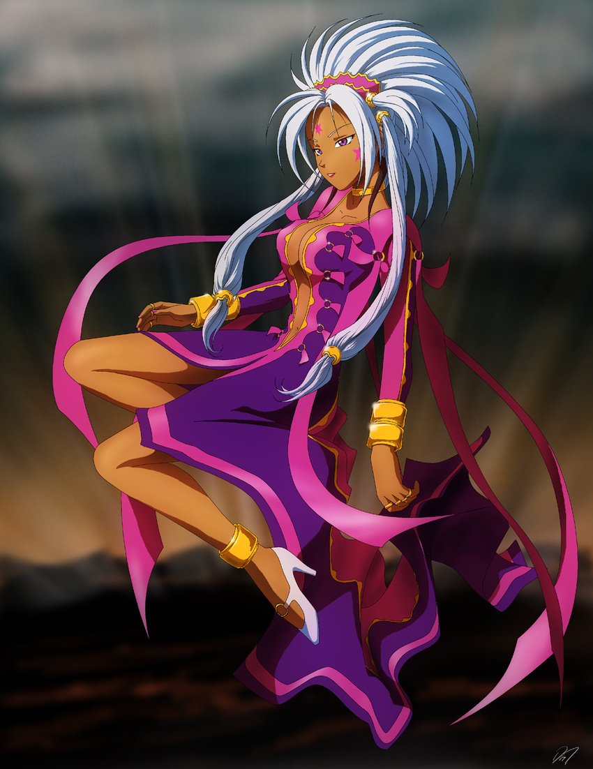 bangle bracelet breasts center_opening choker cleavage commentary_request dark_skin earrings east_coast_canuck facial_mark female forehead_mark hair_ornament high_heels highres hild_(aa_megami-sama) jewelry large_breasts long_hair navel oh_my_goddess! purple_eyes ring very_long_hair white_hair