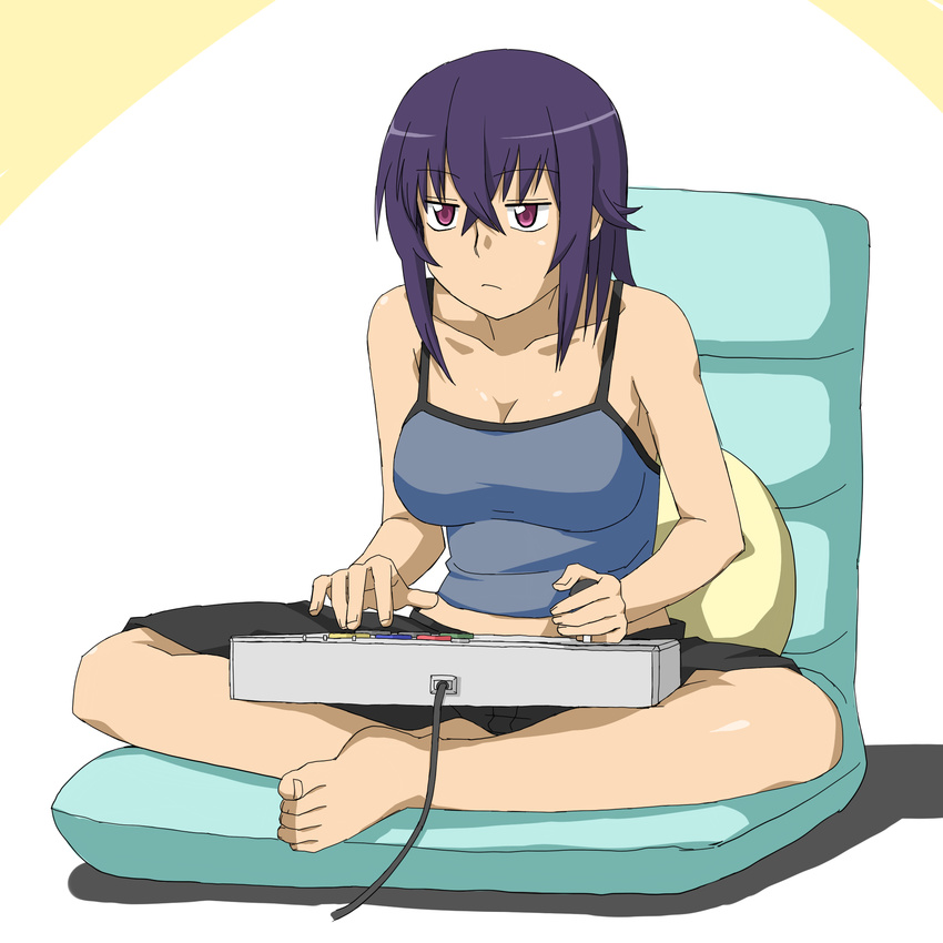 arcade_stick barefoot camisole casual chair commentary controller crossed_bangs enderspain female full_body game_controller highres indian_style joystick long_hair original pillow playing_games purple_eyes purple_hair shorts simple_background sitting solo tank_top yome_(enderspain)