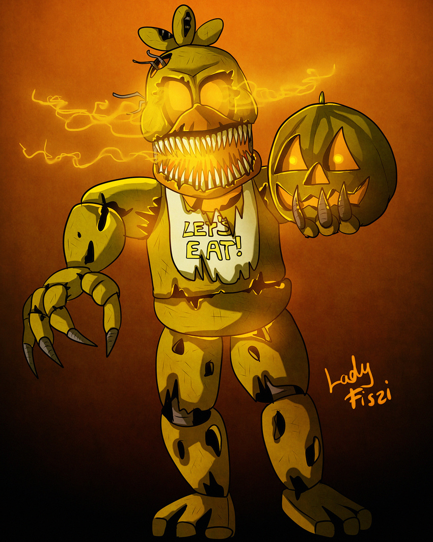 2016 4:5 animatronic anthro avian bird chicken digital_media_(artwork) fiszi five_nights_at_freddy's five_nights_at_freddy's_4 food fruit galliform gallus_(genus) hi_res jack-o'-lantern jack-o-chica_(fnaf) machine phasianid plant pumpkin robot scottgames