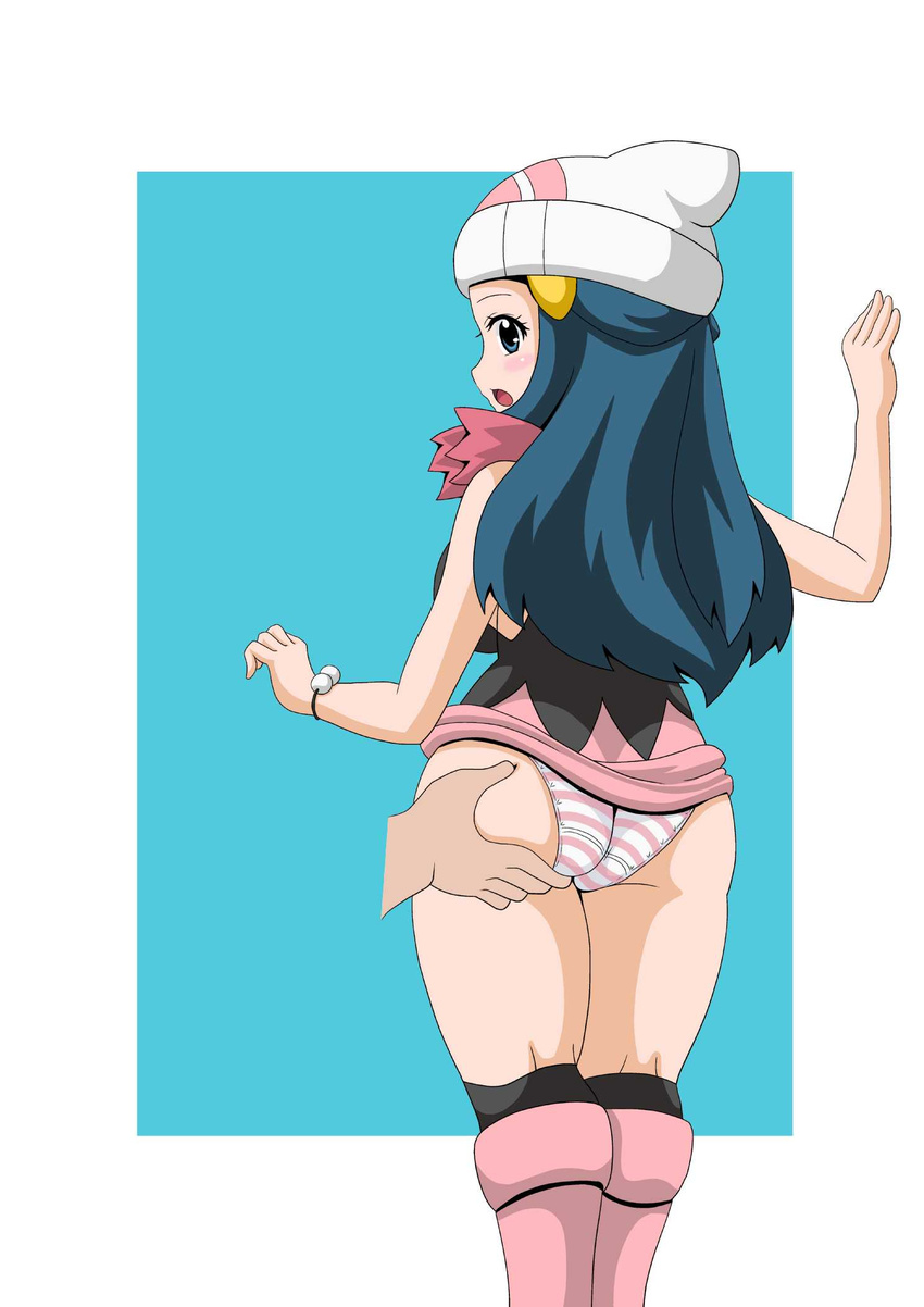 ass ass_grab blue_eyes blue_hair blush dawn_(pokemon) from_behind hand_on_ass koutarosu looking_at_viewer looking_back panties pokemon squeeze upskirt