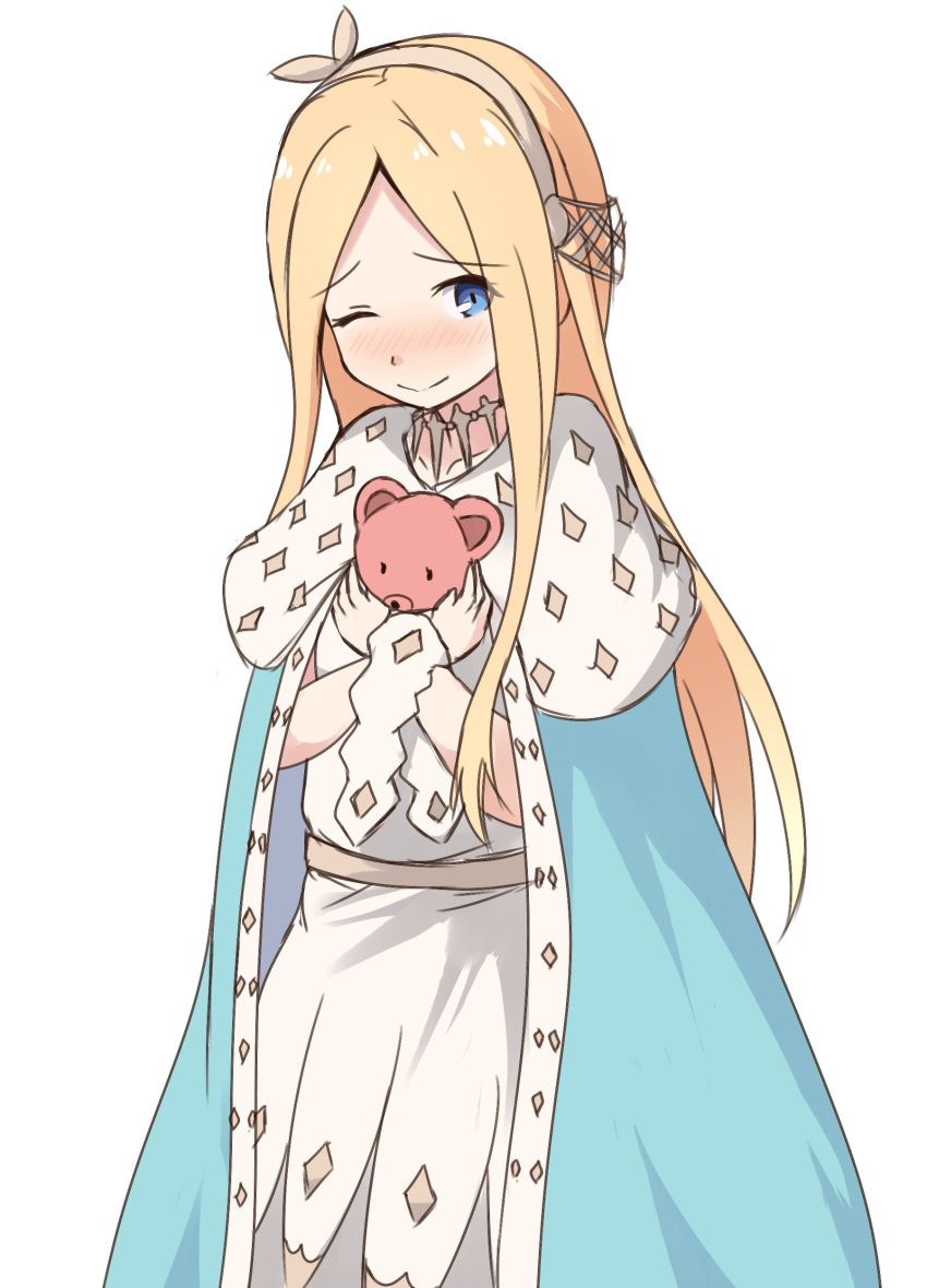 ;) abigail_williams_(fate) absurdres anastasia_(fate) anastasia_(fate)_(cosplay) blonde_hair blue_cloak blue_eyes blush brown_hairband brown_ribbon cloak closed_mouth collarbone commentary_request cosplay dress fate/grand_order fate_(series) female forehead hair_ribbon hairband highres hugging_object long_hair looking_at_viewer mitchi nose_blush one_eye_closed parted_bangs ribbon royal_robe simple_background smile solo stuffed_animal stuffed_toy teddy_bear very_long_hair white_background white_dress