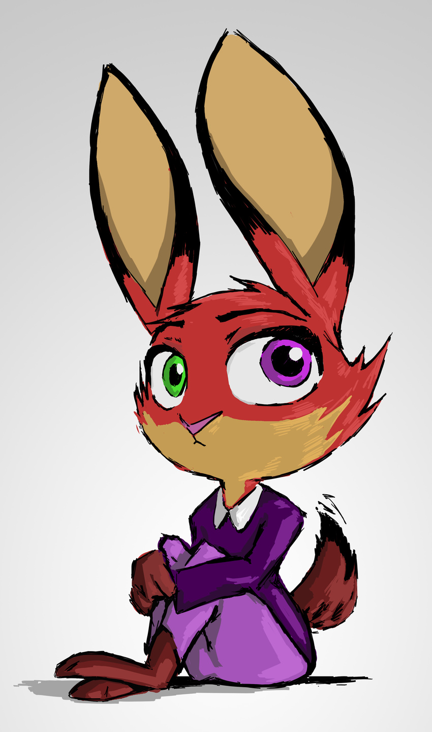 2017 absurd_res anthro biped canid canine clothed clothing digital_media_(artwork) disney fan_character female fox gradient_background green_eyes grey_background heterochromia hi_res hybrid lagomorph leporid mammal purple_eyes rabbit simple_background sitting solo thewyvernsweaver violet_(zootopia) zootopia