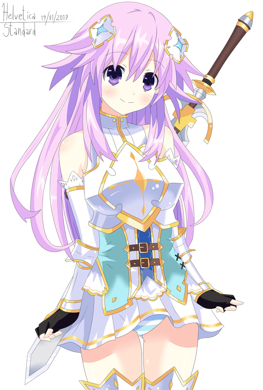 adult_neptune armor breastplate cowboy_shot female fingerless_gloves four_goddesses_online:_cyber_dimension_neptune gauntlets gloves hair_ornament helvetica_5tandard highres long long_hair looking_at_viewer neptune_(series) open_mouth pink_hair pleated_skirt purple_eyes purple_hair skirt smile solo striped sword thighhighs underwear weapon