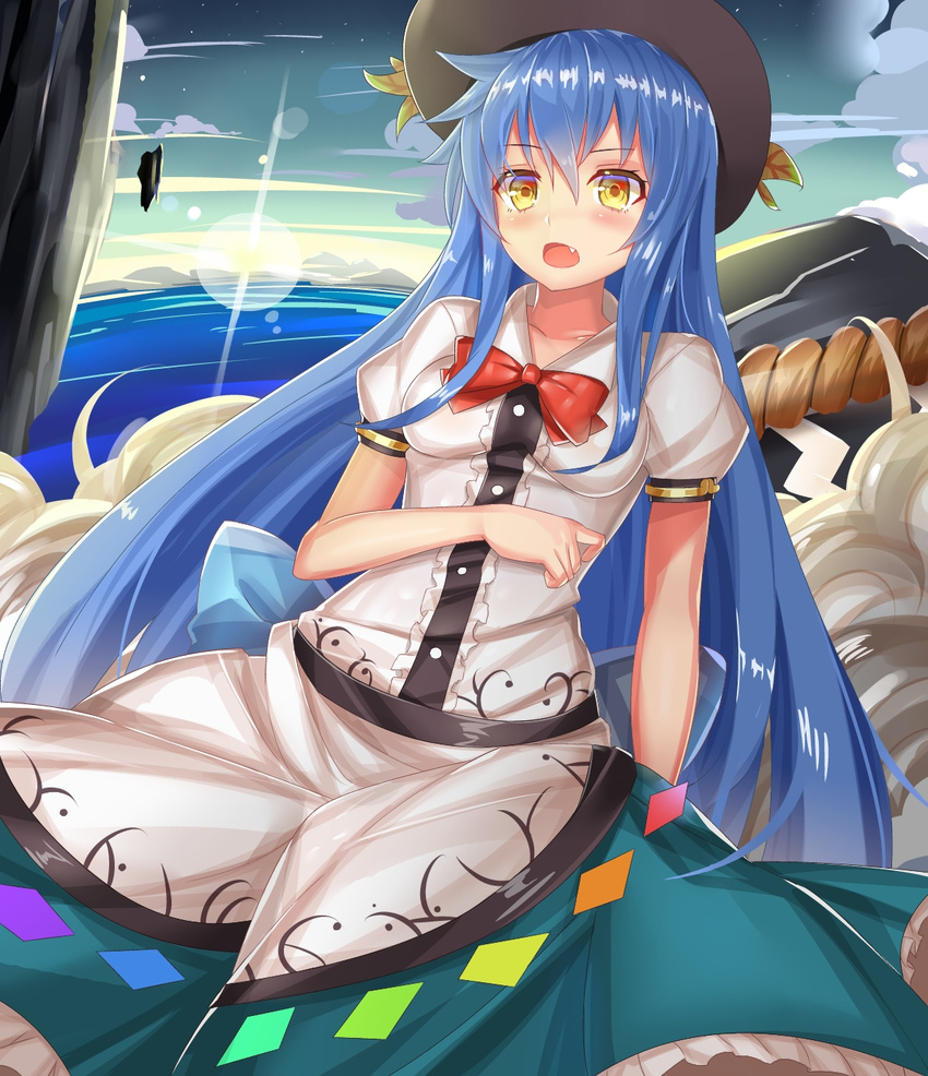 ashu blue_hair bow breasts commentary_request day female hat highres hinanawi_tenshi long_hair oerba_yun_fang open_mouth puffy_short_sleeves puffy_sleeves rope shimenawa shirt short_sleeves skirt sky small_breasts solo touhou very_long_hair yellow_eyes