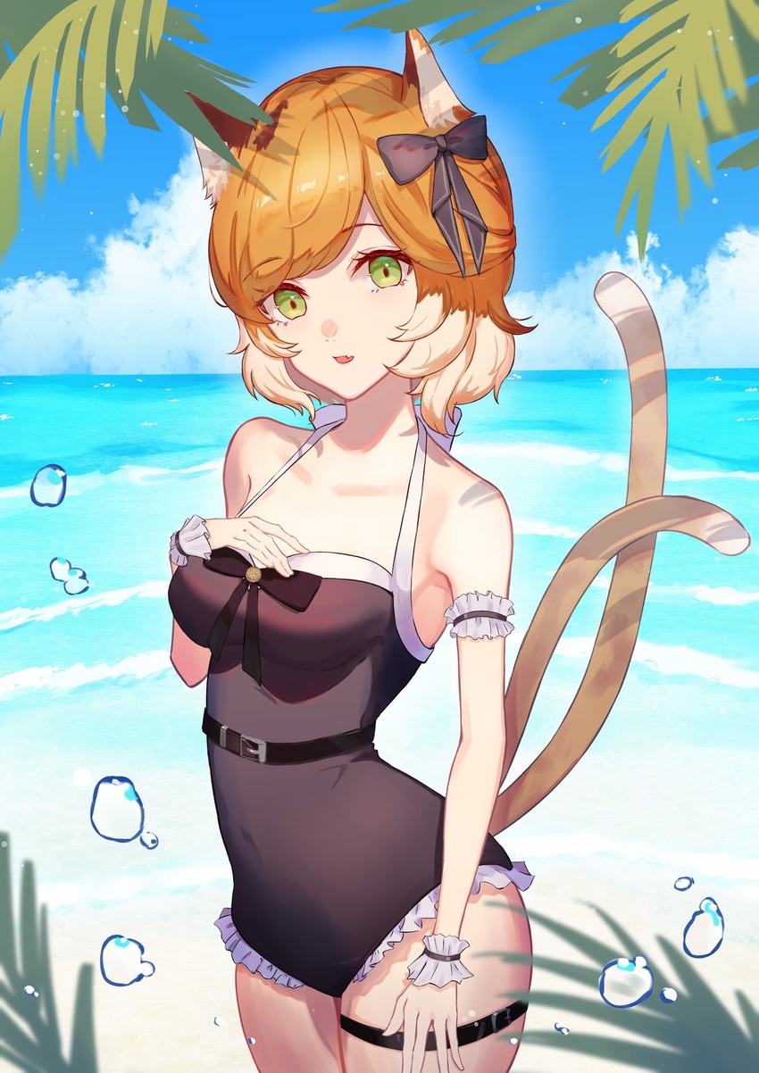 animal_ear_fluff animal_ears aoi_tooru arknights bare_shoulders black_bow black_one-piece_swimsuit blue_sky bow breasts cat_ears cat_girl cat_tail cloud commentary_request day female frilled_one-piece_swimsuit frills green_eyes hairbow hand_up highres horizon looking_at_viewer medium_breasts mousse_(arknights) multicolored_hair multiple_tails ocean oerba_yun_fang one-piece_swimsuit orange_hair outdoors palm_tree parted_bangs parted_lips sky solo standing swimsuit tail tree two-tone_hair two_tails water water_drop white_hair wrist_cuffs