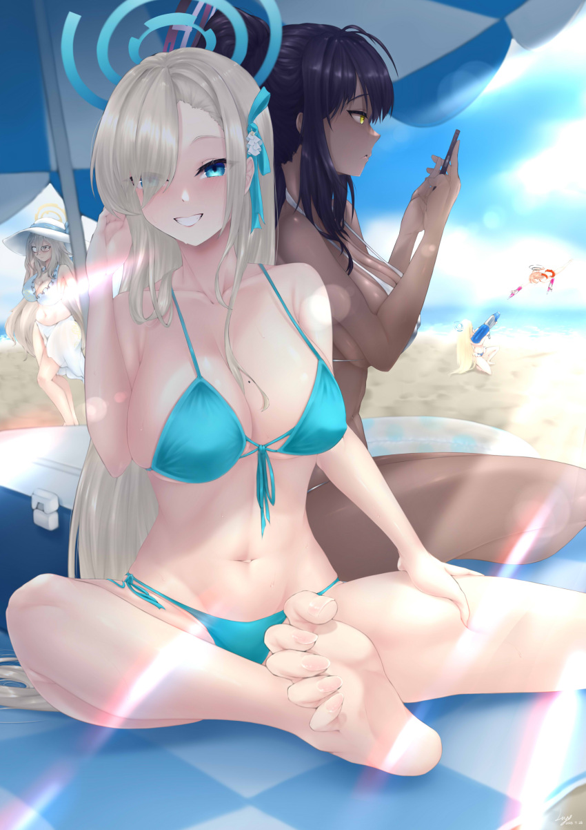 5girls absurdres akane_(blue_archive) alternate_costume aqua_bikini asuna_(blue_archive) beach beach_umbrella bikini blonde_hair blue_archive breasts cleaning_&_clearing_(blue_archive) dark-skinned_female dark_skin day grey_hair halo hat highres karin_(blue_archive) large_breasts lnyn_(user_vxdh4425) long_hair looking_at_viewer multiple_girls navel neru_(blue_archive) orange_hair outdoors purple_hair sand sarong sideboob sitting smile stomach summer swimsuit toki_(blue_archive) umbrella very_long_hair white_bikini white_hat white_sarong yellow_eyes