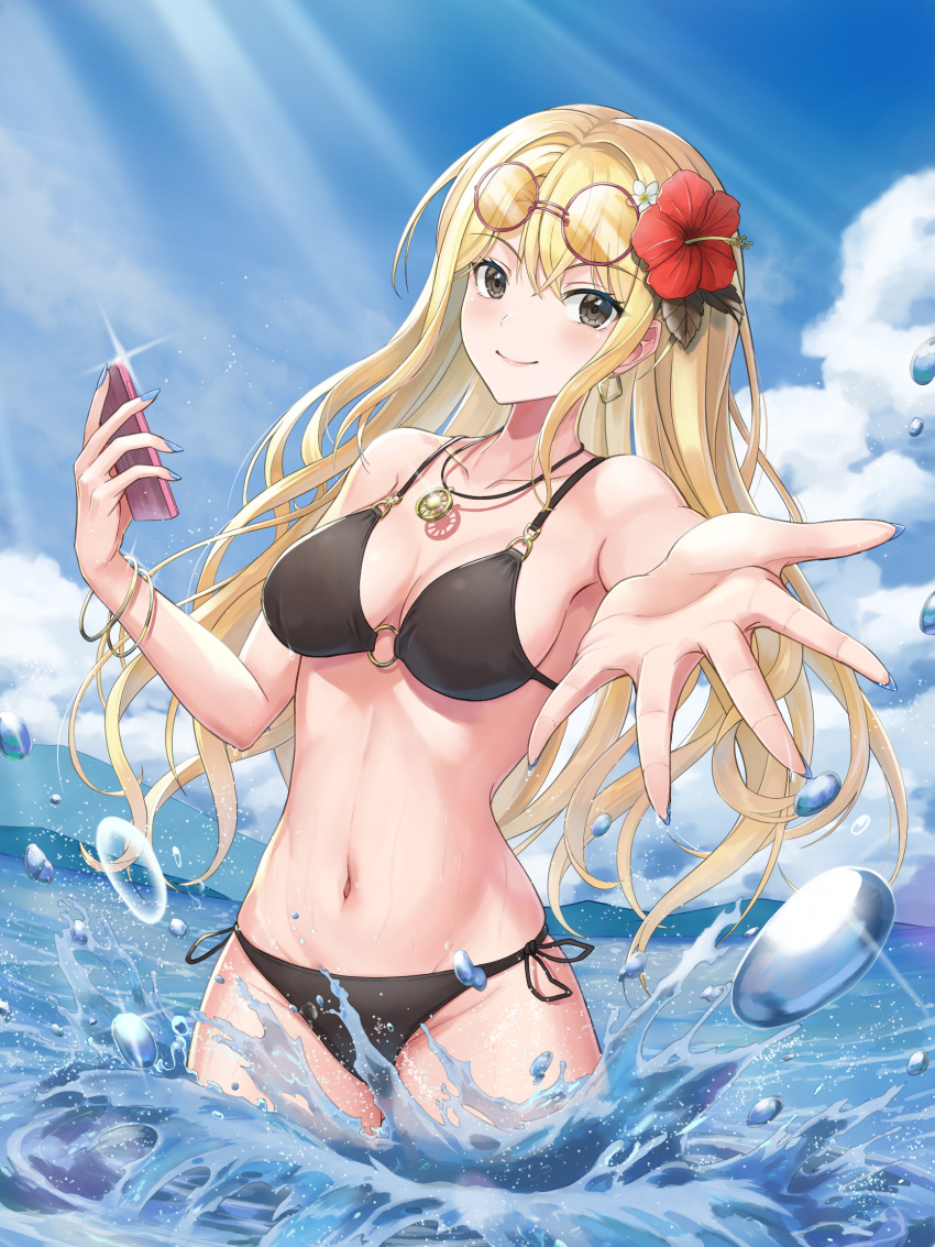 bang_dream! bikini black_bikini blonde_hair blue_nails breasts commission commissioner_upload cowboy_shot eyewear_on_head facing_viewer female flower flower_on_head grey_eyes gurameso highres holding holding_phone kirigaya_toko long_hair md5_mismatch medium_breasts navel ocean phone side-tie_bikini_bottom skeb_commission smile solo splashing string_bikini swimsuit symbol-shaped_pupils water